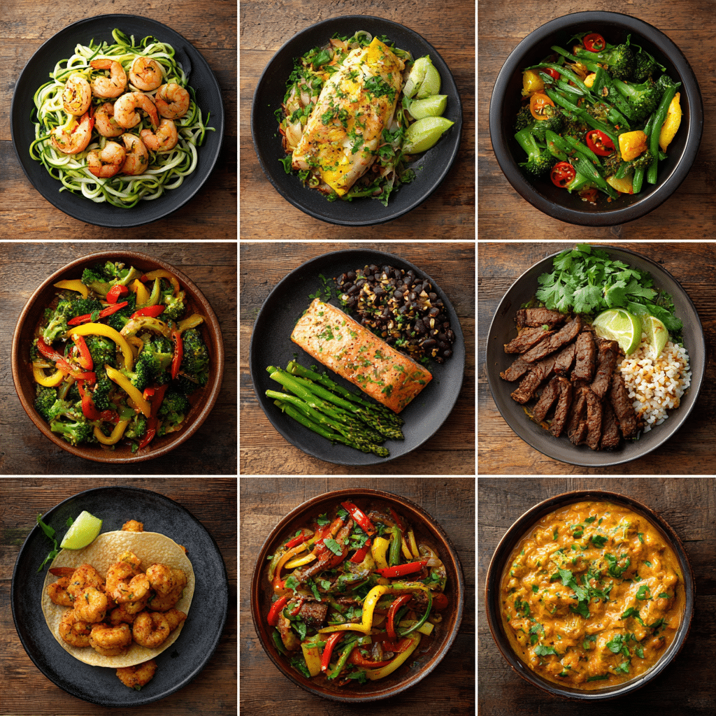 Collage of 9 delicious dishes including shrimp, chicken, salmon, beef, pasta, and curry, arranged in a 3x3 grid on a rustic wooden background.