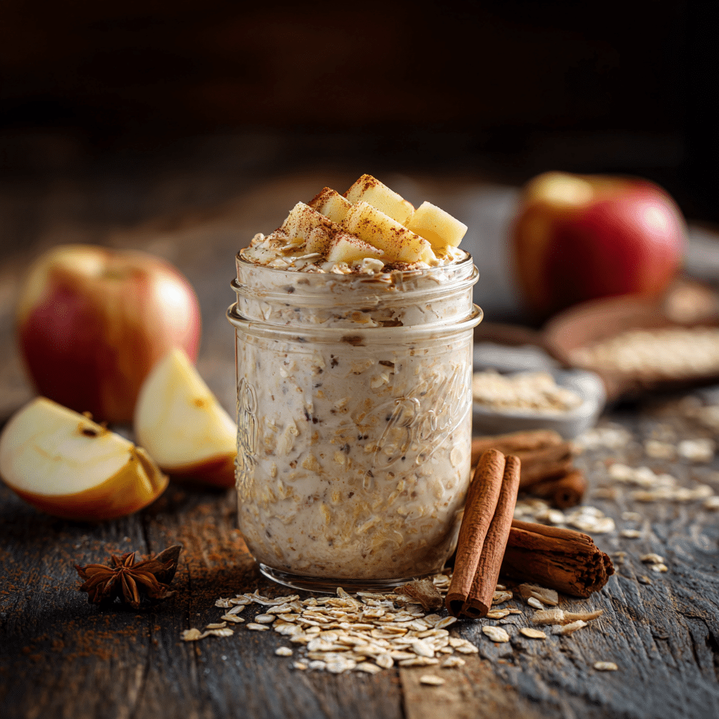 Gluten free apple cinnamon overnight oats in a mason jar with apples and cinnamon