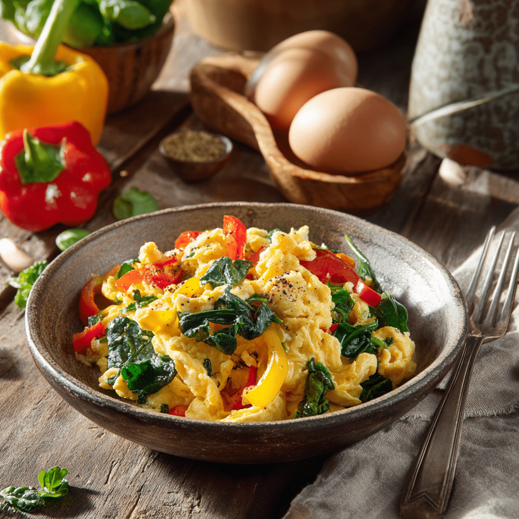 Microwave gluten free scrambled eggs with veggies in a bowl