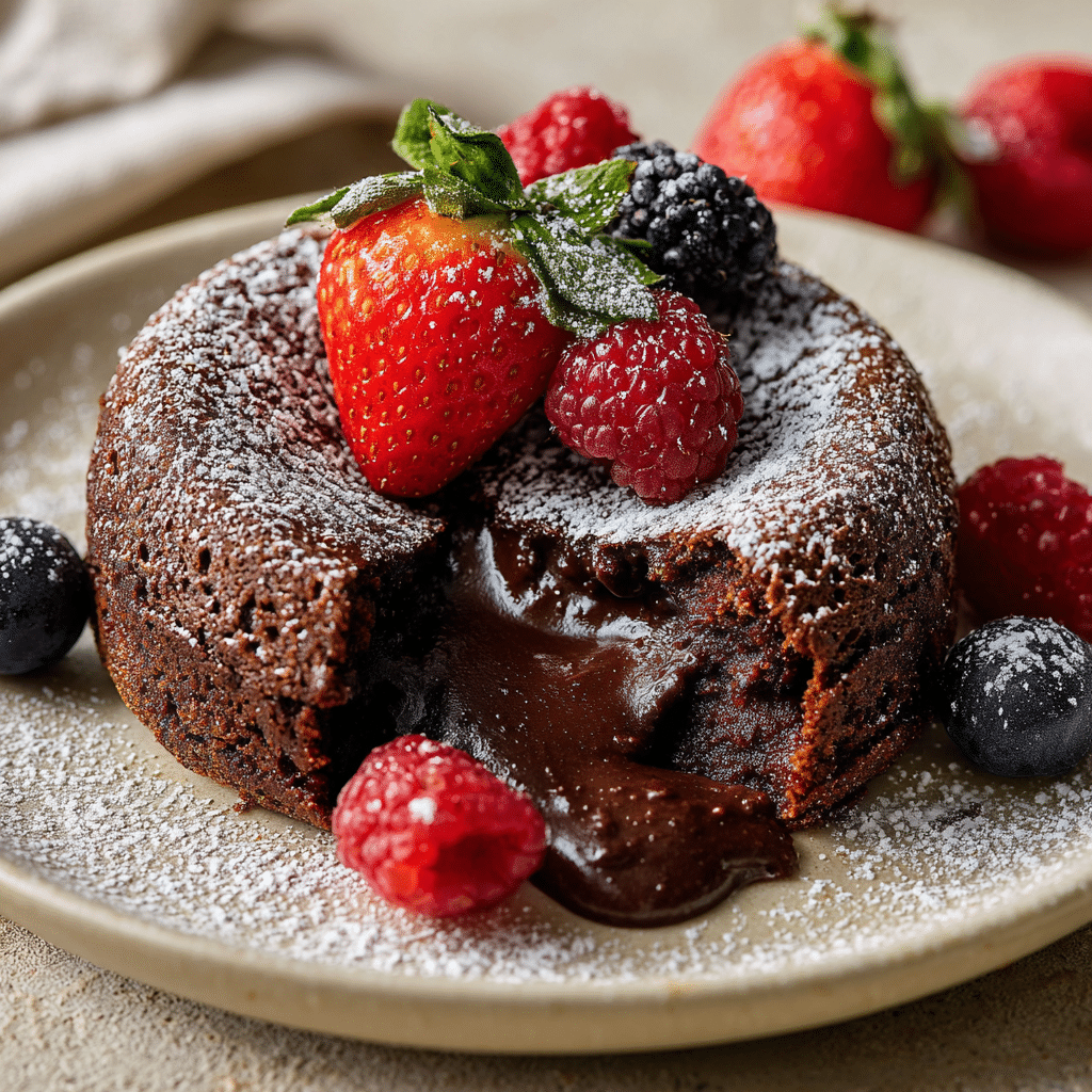 Served gluten free chocolate lava cake with berries and powdered sugar