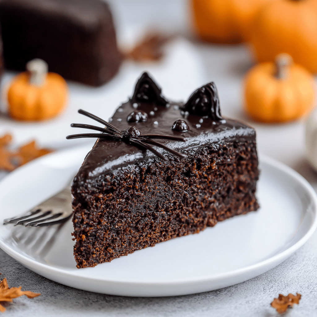 Slice of Black Cat Chocolate Cake with Halloween decor