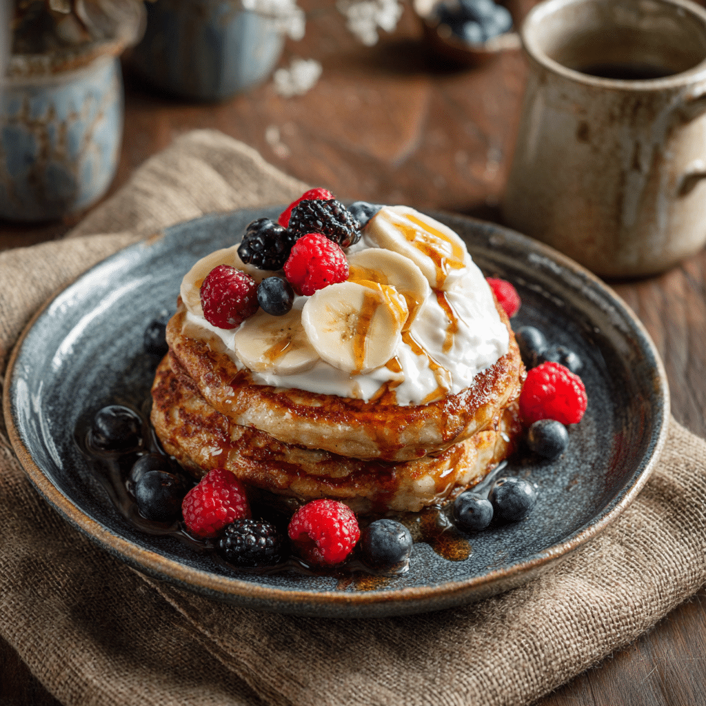 Served banana cottage cheese pancakes gluten free breakfast