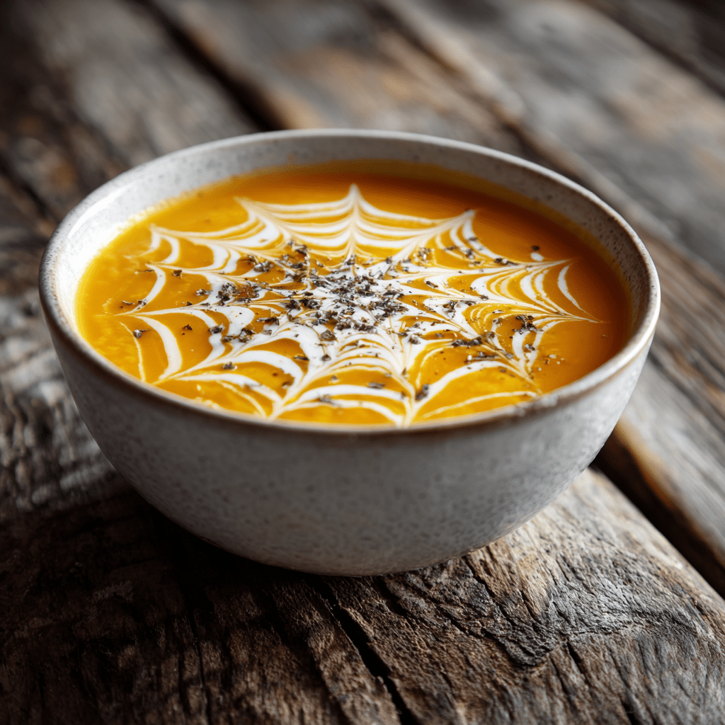 Pumpkin Soup with Spiderweb Cream in white bowl