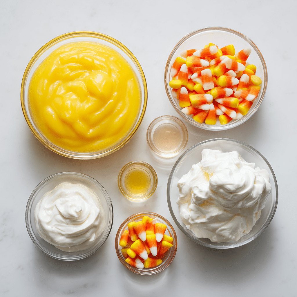 Candy Corn Parfait Ingredients on White Background