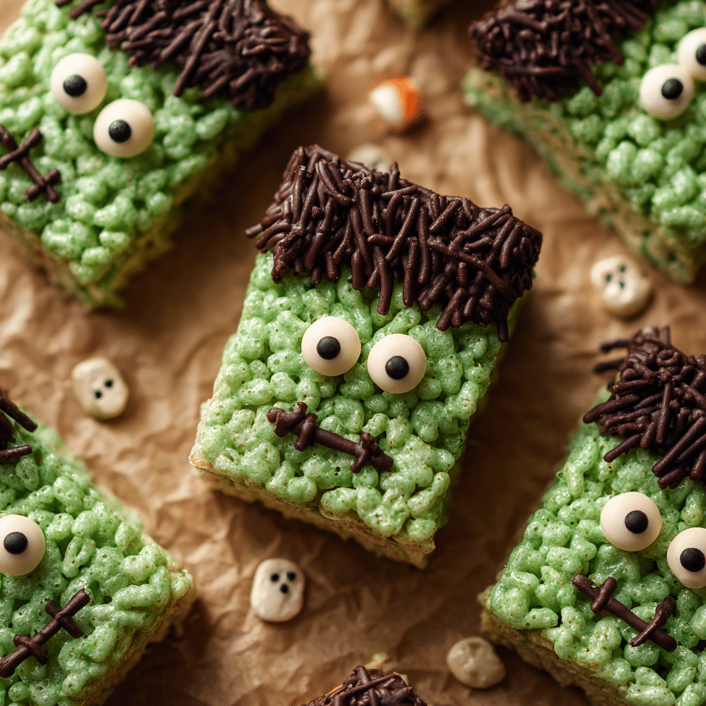 Frankenstein Rice Krispie Treats with candy eyes and chocolate hair on parchment paper