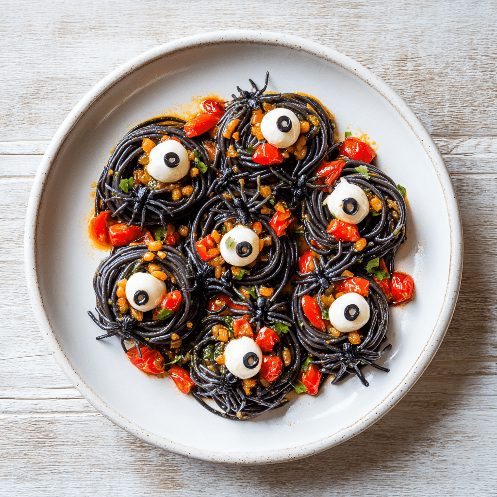 Creepy Crawly Pasta with olive spiders and tomato sauce
