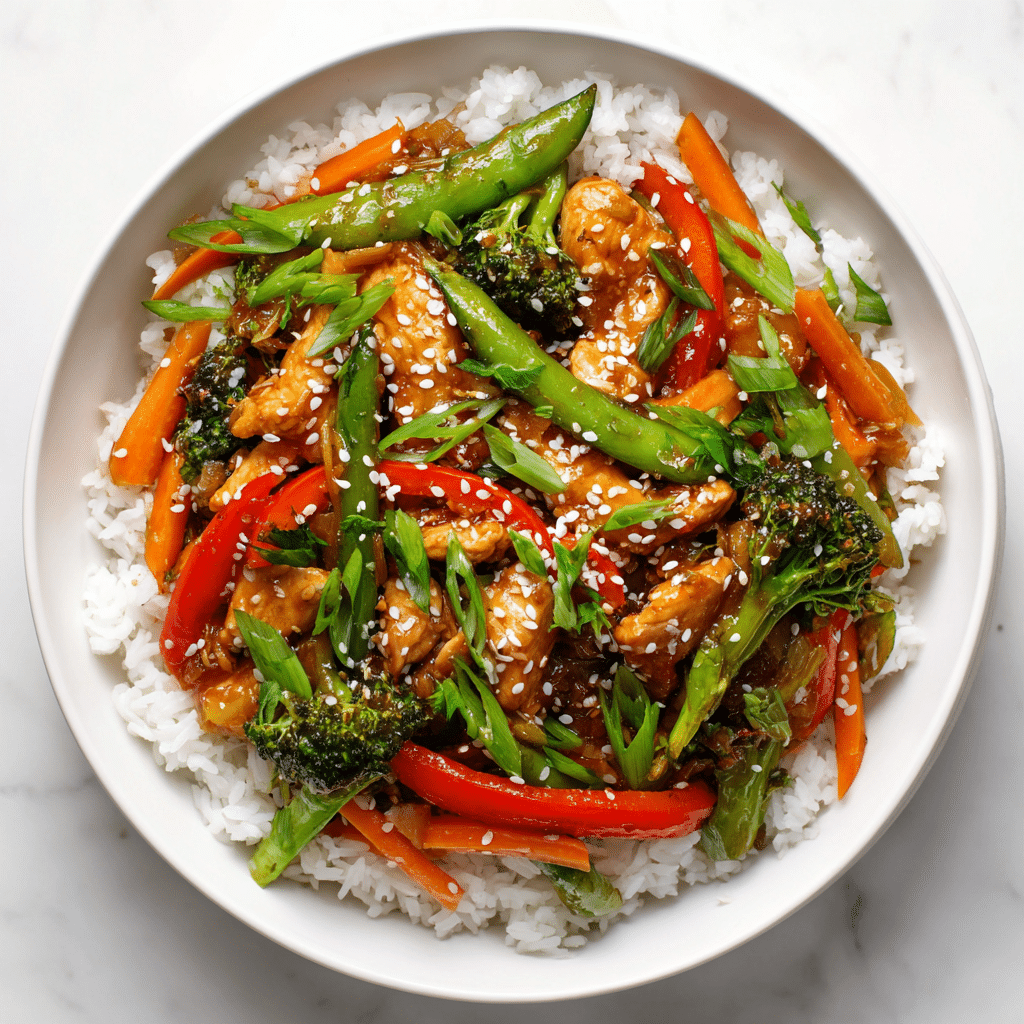 Plated gluten free chicken stir fry with sesame seeds