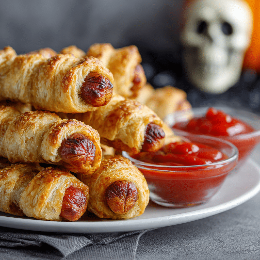 Baked Zombie Finger Hot Dogs served with ketchup