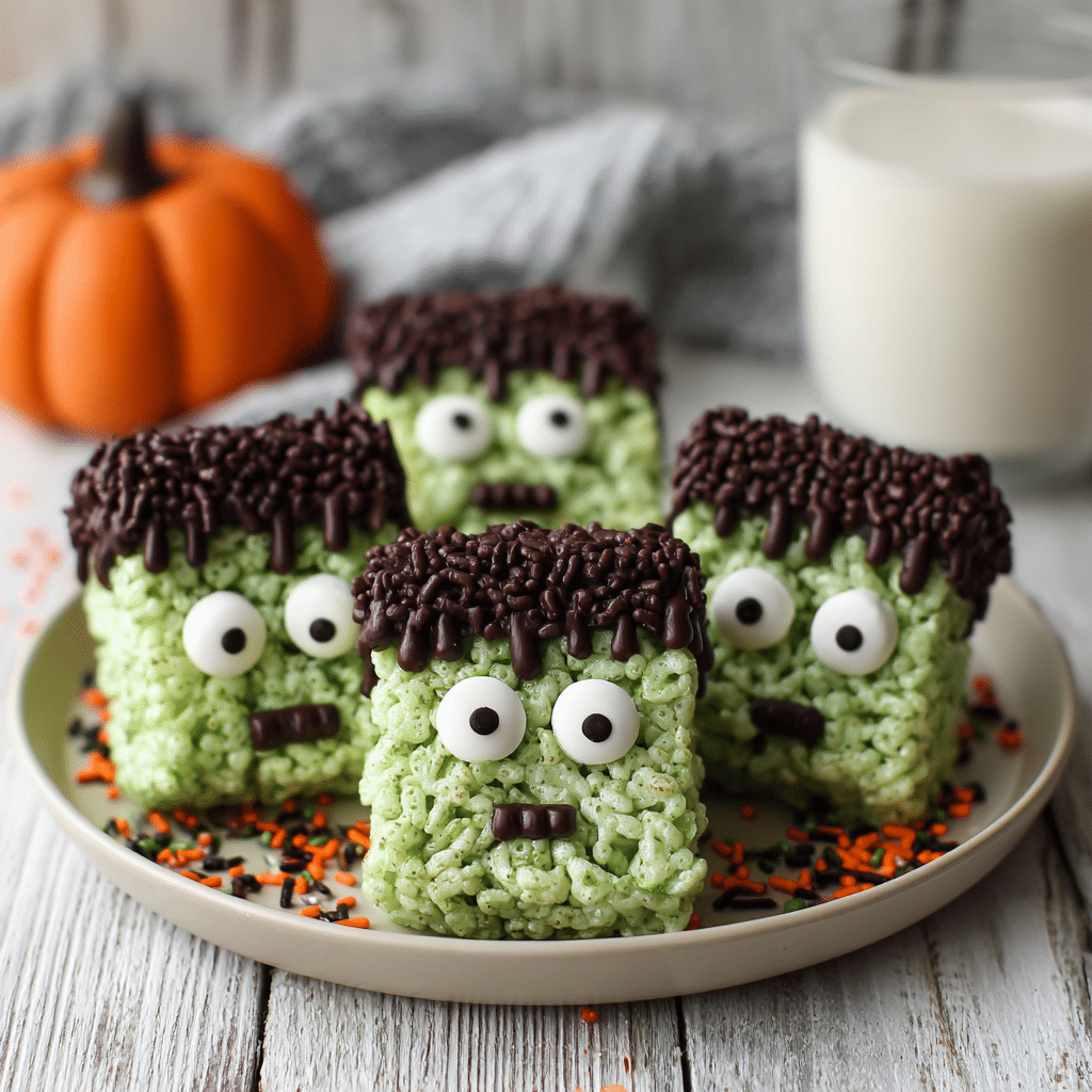 Plate of finished Frankenstein Rice Krispie Treats for Halloween
