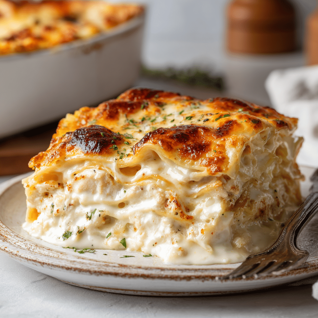 Gluten Free Garlic Chicken Lasagna slice close-up