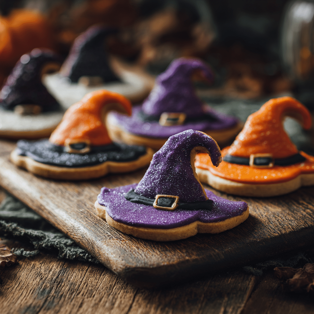Gluten-Free Witches’ Hat Cookies on a wooden board