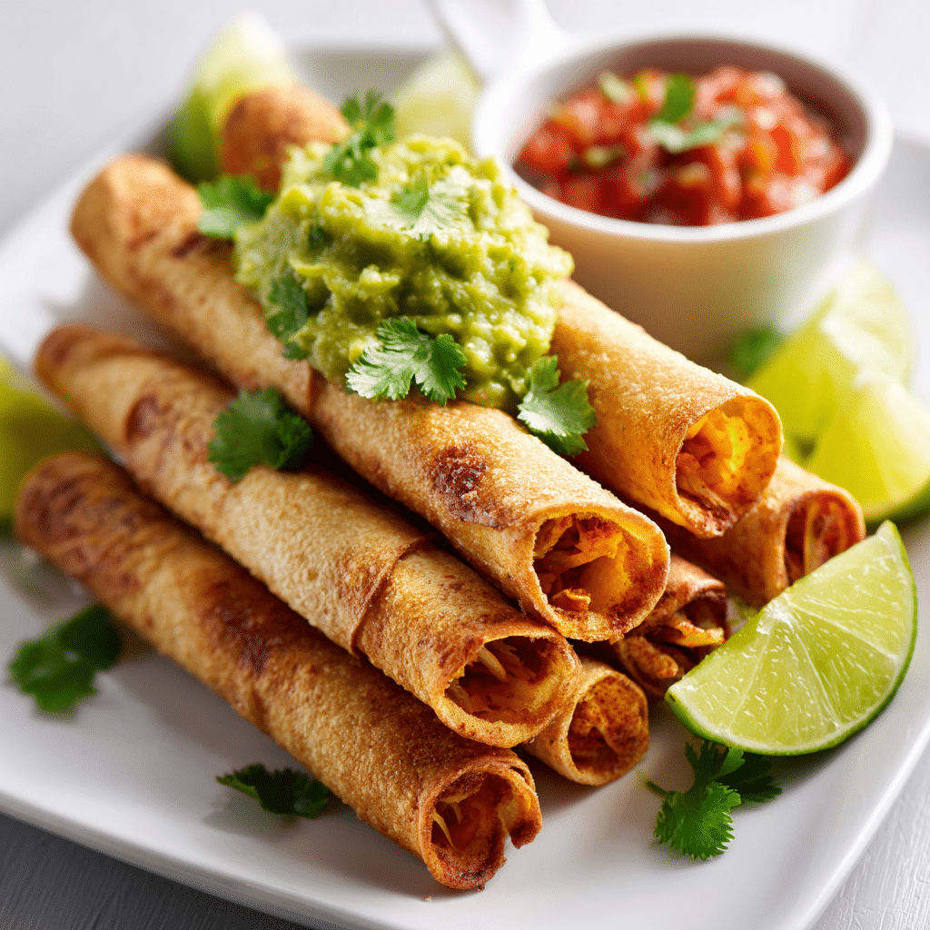 Easy Gluten Free Dairy Free Taquitos served with salsa and guacamole