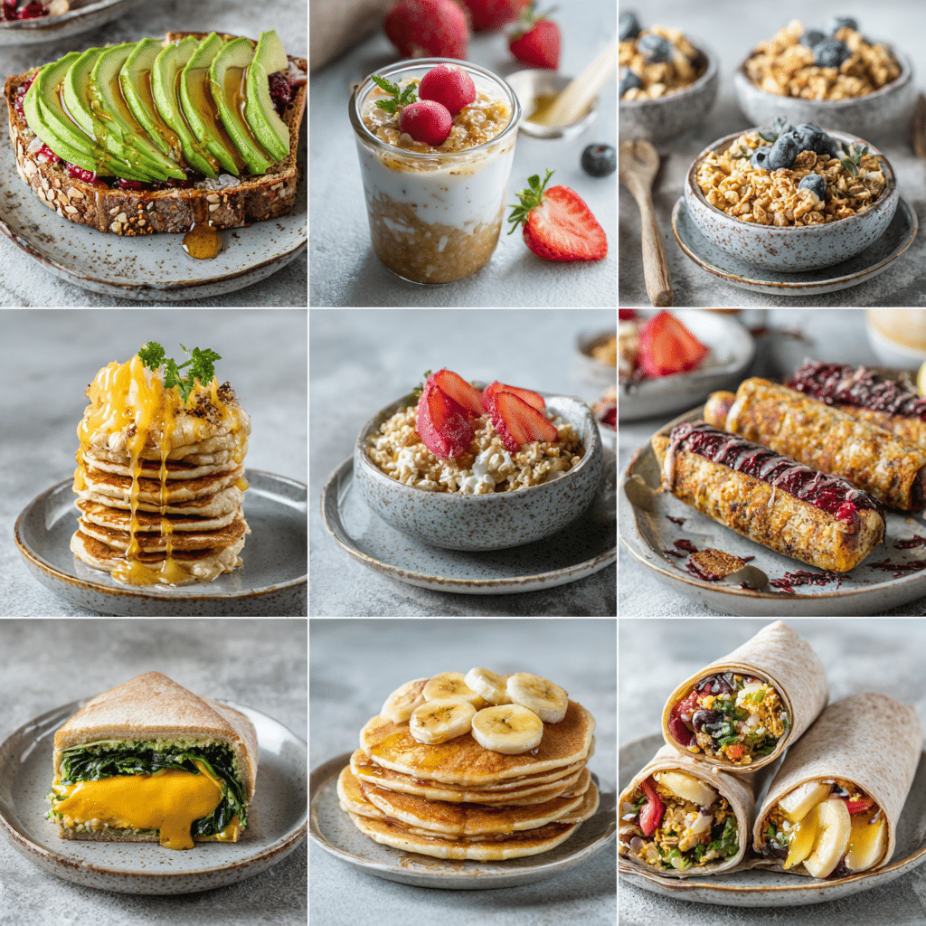 Collage of 10 breakfast and snack dishes including avocado toast, yogurt with granola, oatmeal cups with fruit, overnight oats, chia pudding, egg sandwich, vegetable scrambled eggs, energy bites, banana wraps, and pancakes with bananas and strawberries