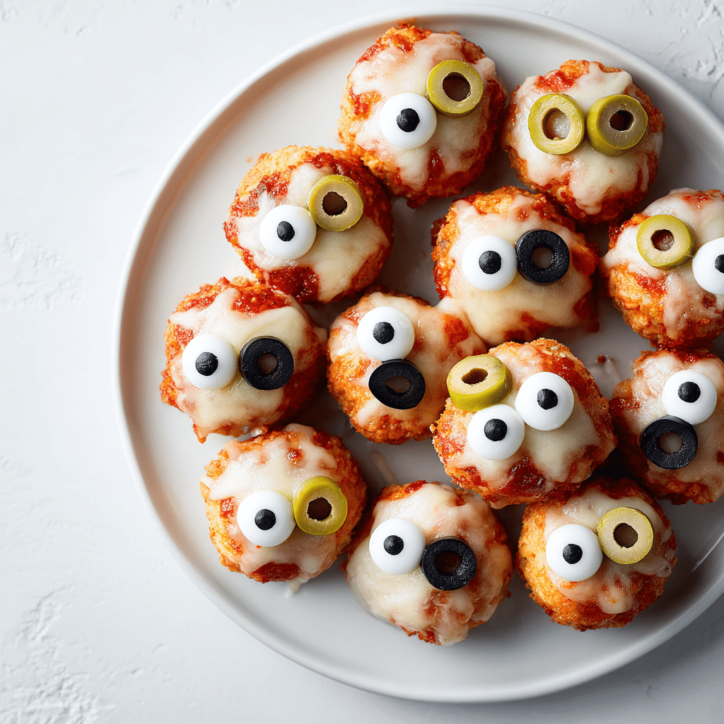 Monster Meatball Eyeballs served over gluten-free spaghetti