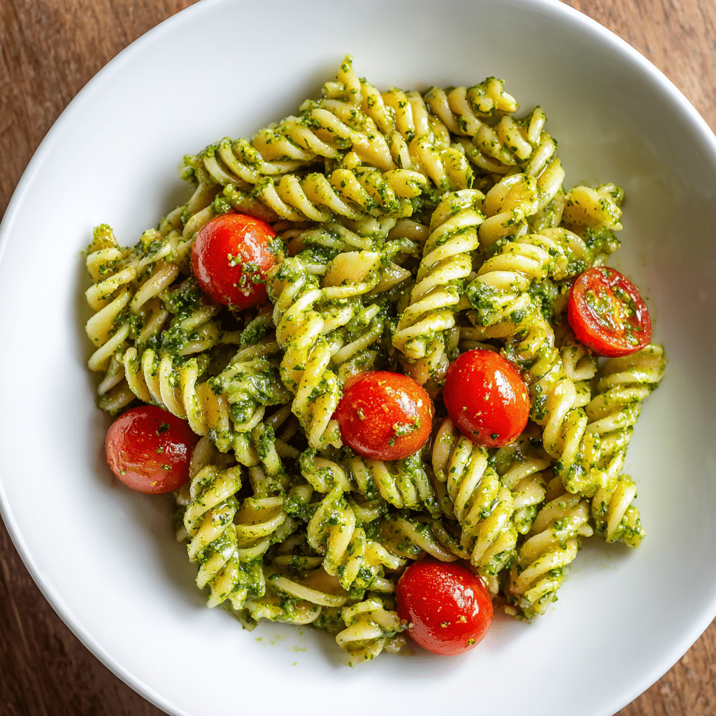 Gluten Free & Dairy Free Pesto Pasta in bright natural light