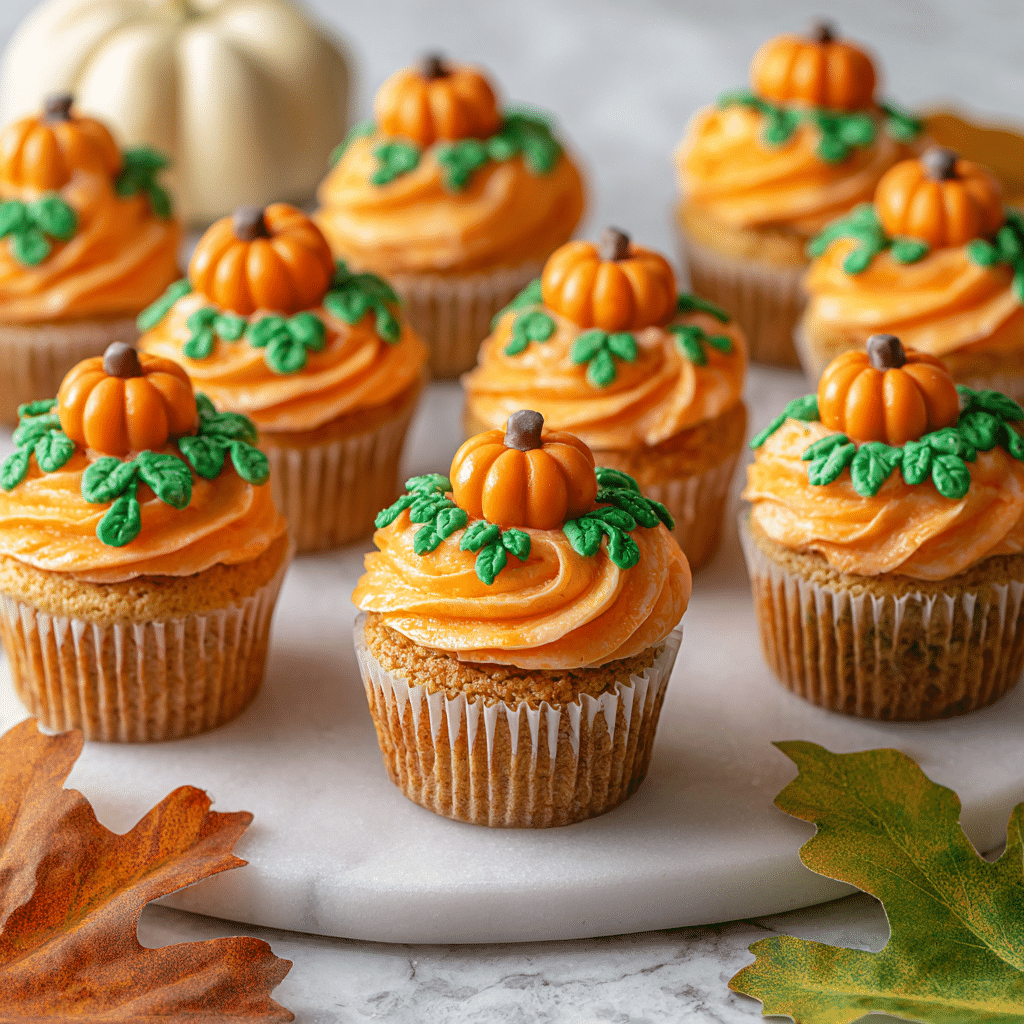 Pumpkin Patch Cupcakes with autumn decorations on white platter