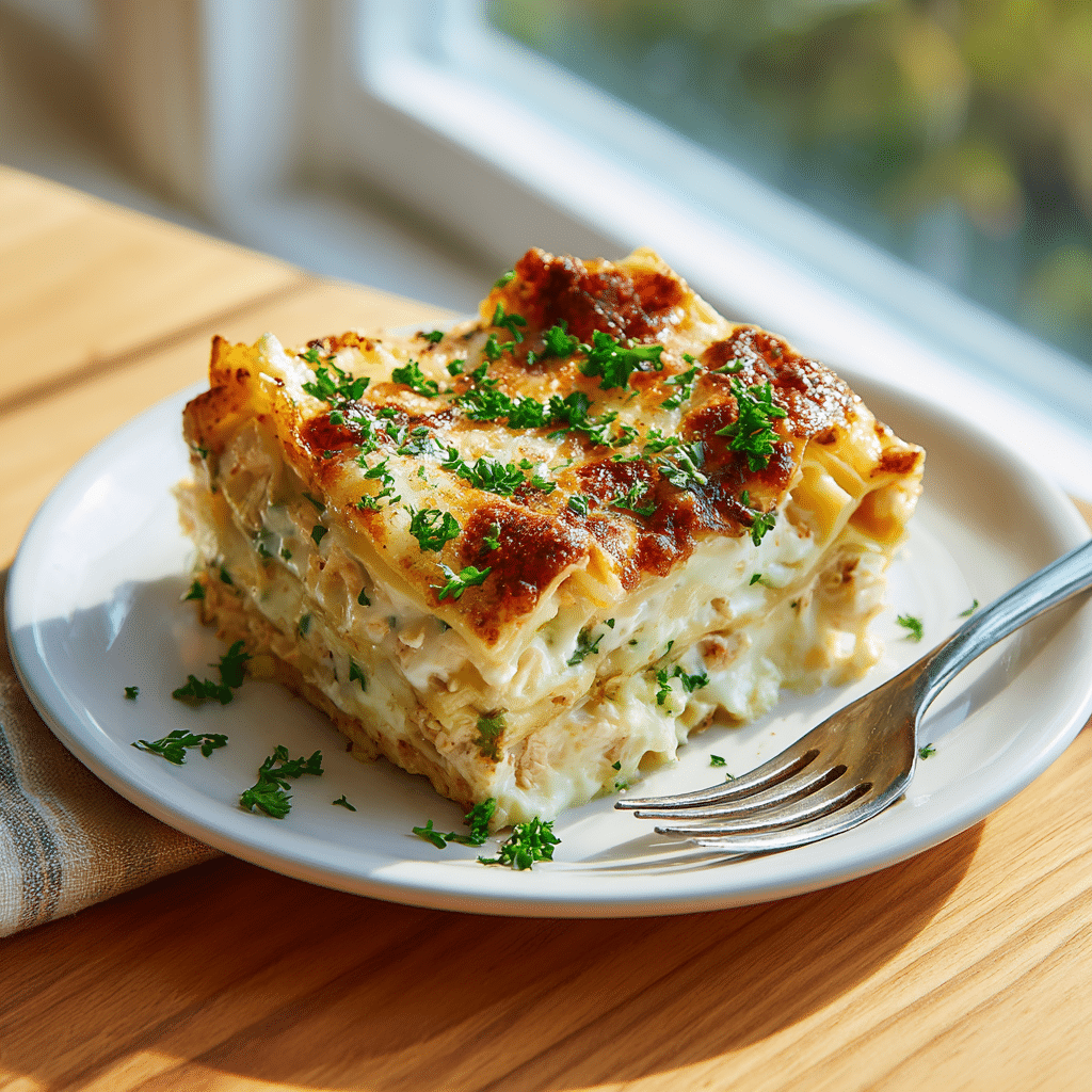Plated slice of gluten free garlic chicken lasagna