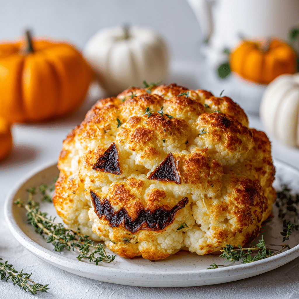 Spooky Cauliflower “Brain” Bake served on a white plate for Halloween