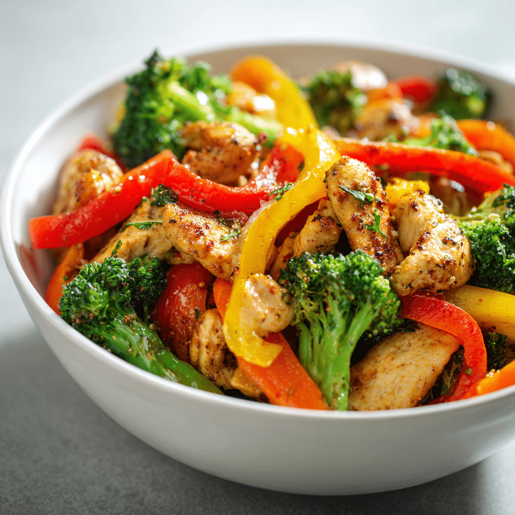 30-Minute Gluten Free Chicken Stir Fry in a white bowl