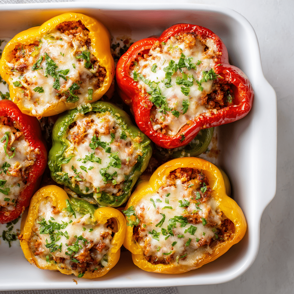 Gluten Free Stuffed Bell Peppers with Rice in a white baking dish