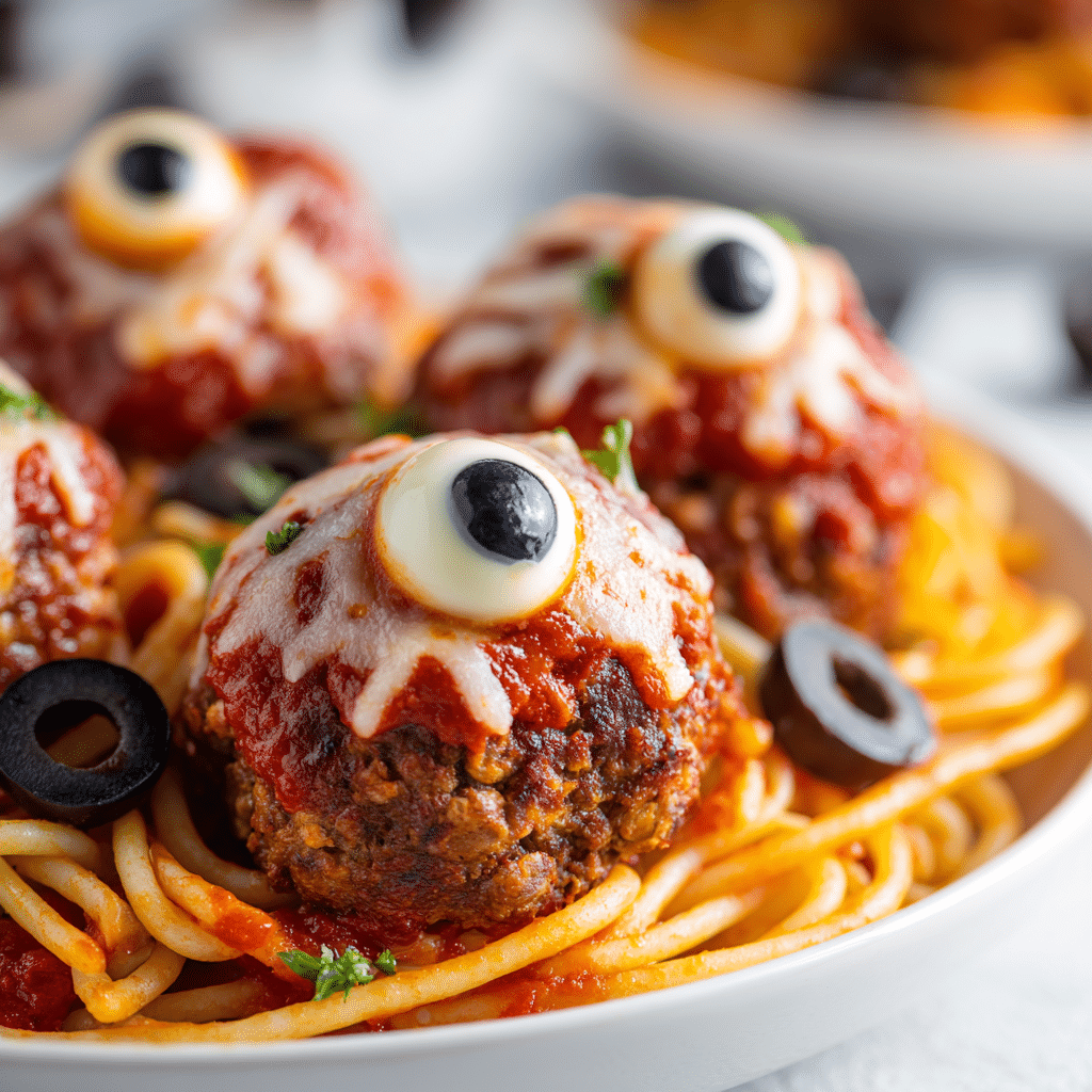 Monster Meatball Eyeballs on a white plate