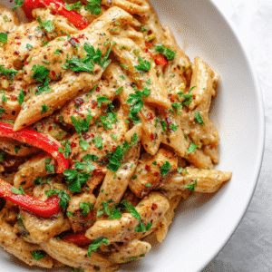 Cashew Cream Cajun Chicken Pasta – Dairy Free close-up in bright bowl