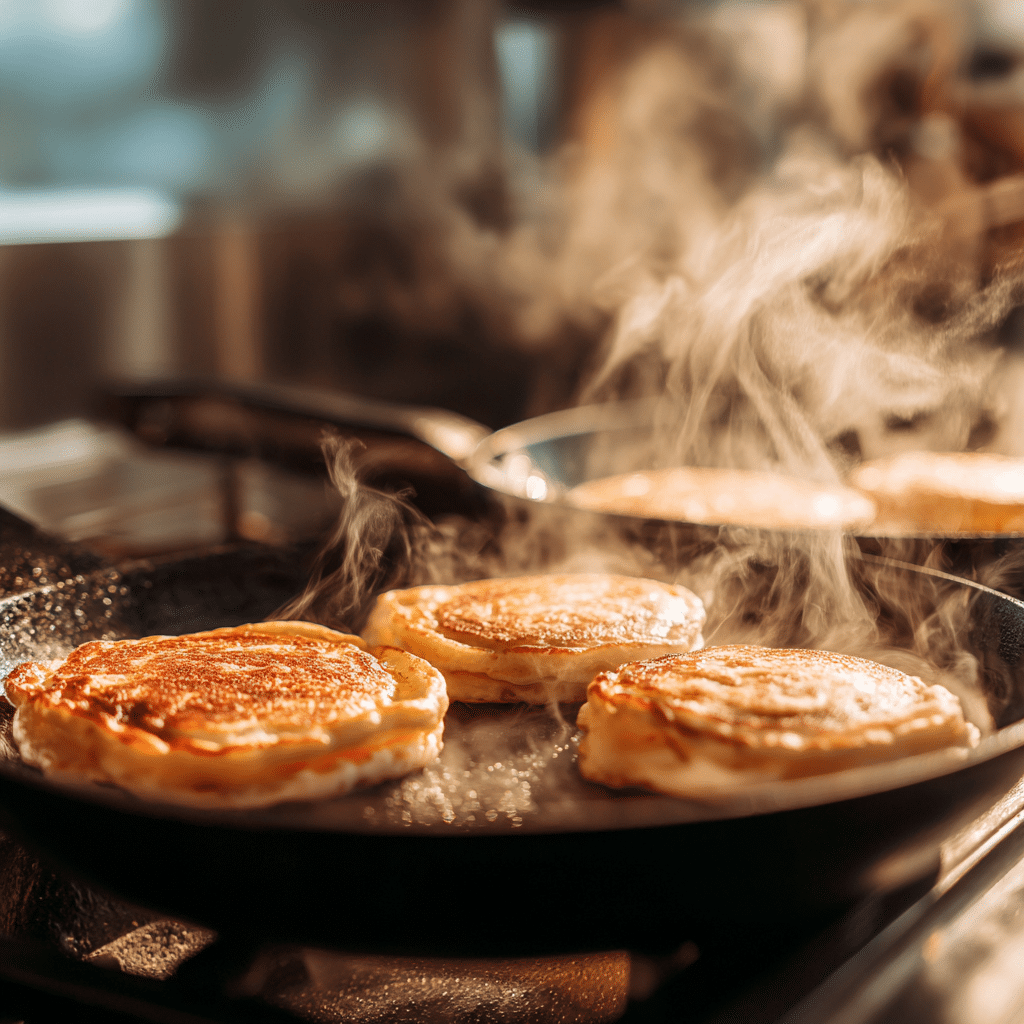 Flipping gluten free protein pancakes in a non-stick skillet