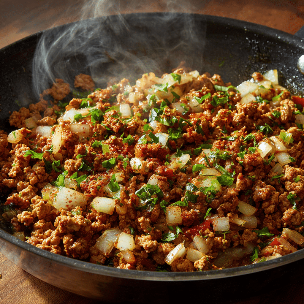 seasoned ground turkey cooking in skillet