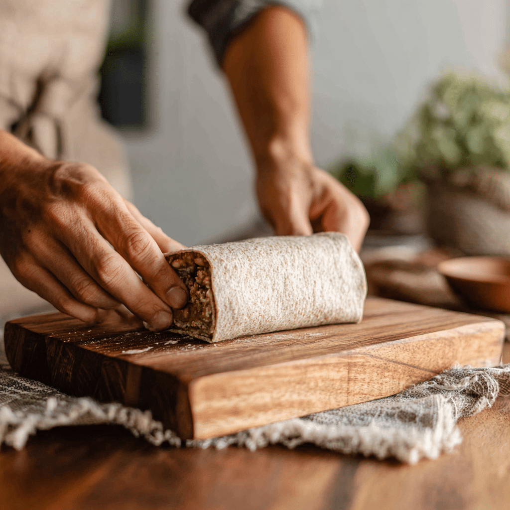 Rolling gluten free banana almond butter wrap on wooden surface