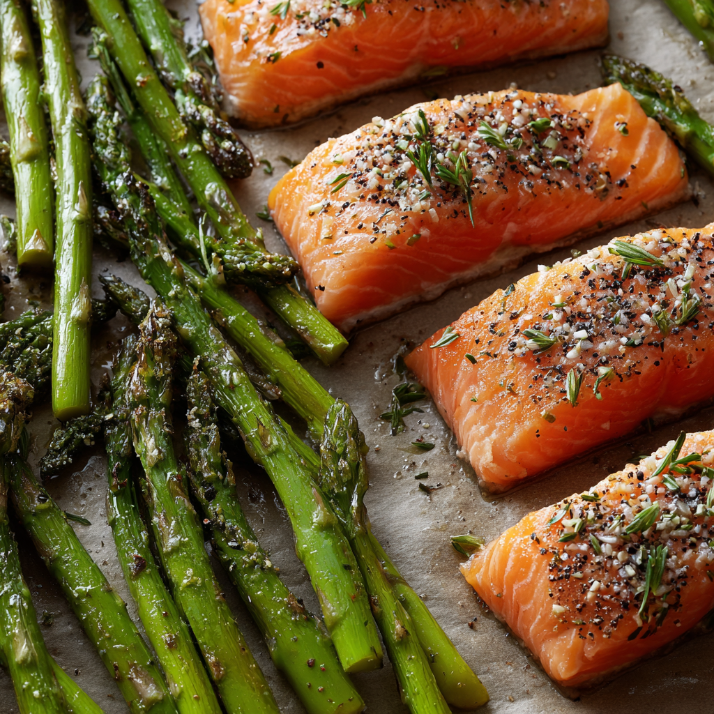 Marinated lemon herb salmon with asparagus before baking