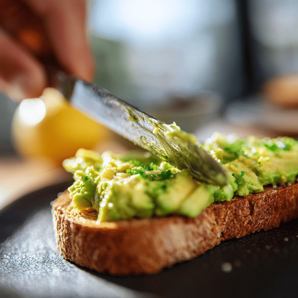 Spreading avocado on toasted gluten-free bread