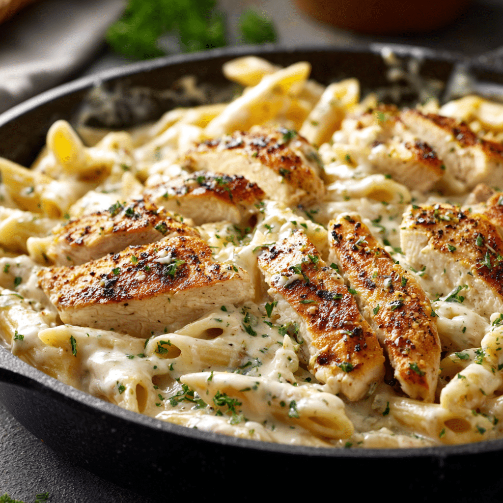 One Pan Gluten Free Dairy Free Chicken Alfredo in a skillet