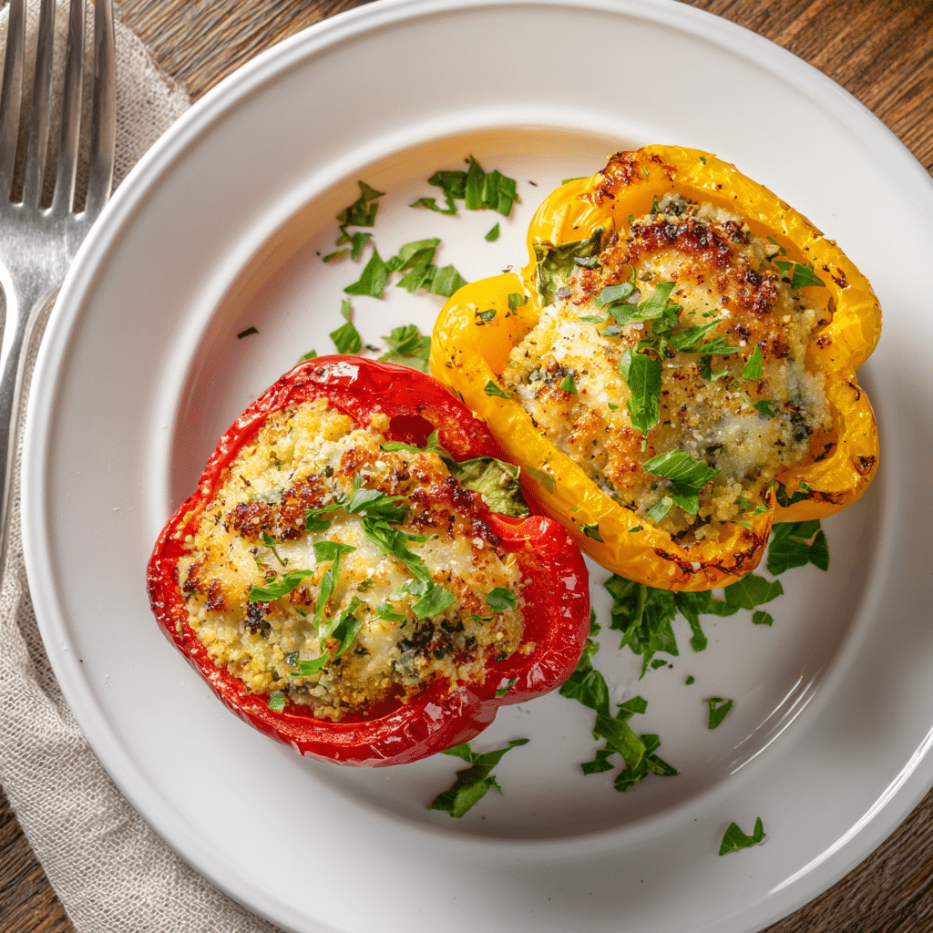 Plated gluten free stuffed bell peppers with rice and herbs