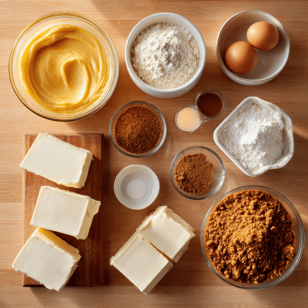Ingredients for Pumpkin Cheesecake Bites on wooden surface