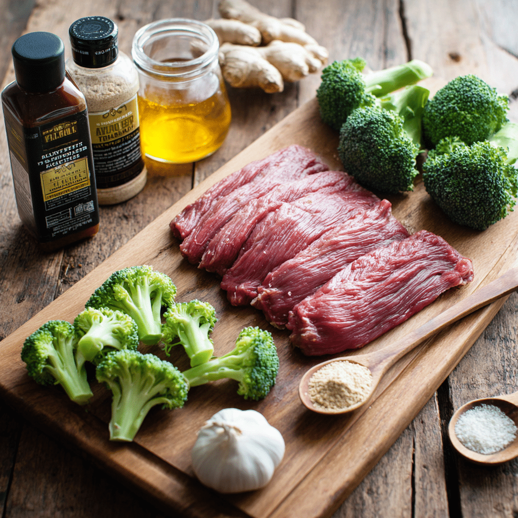 Ingredients for gluten-free beef and broccoli recipe laid out on a cutting board