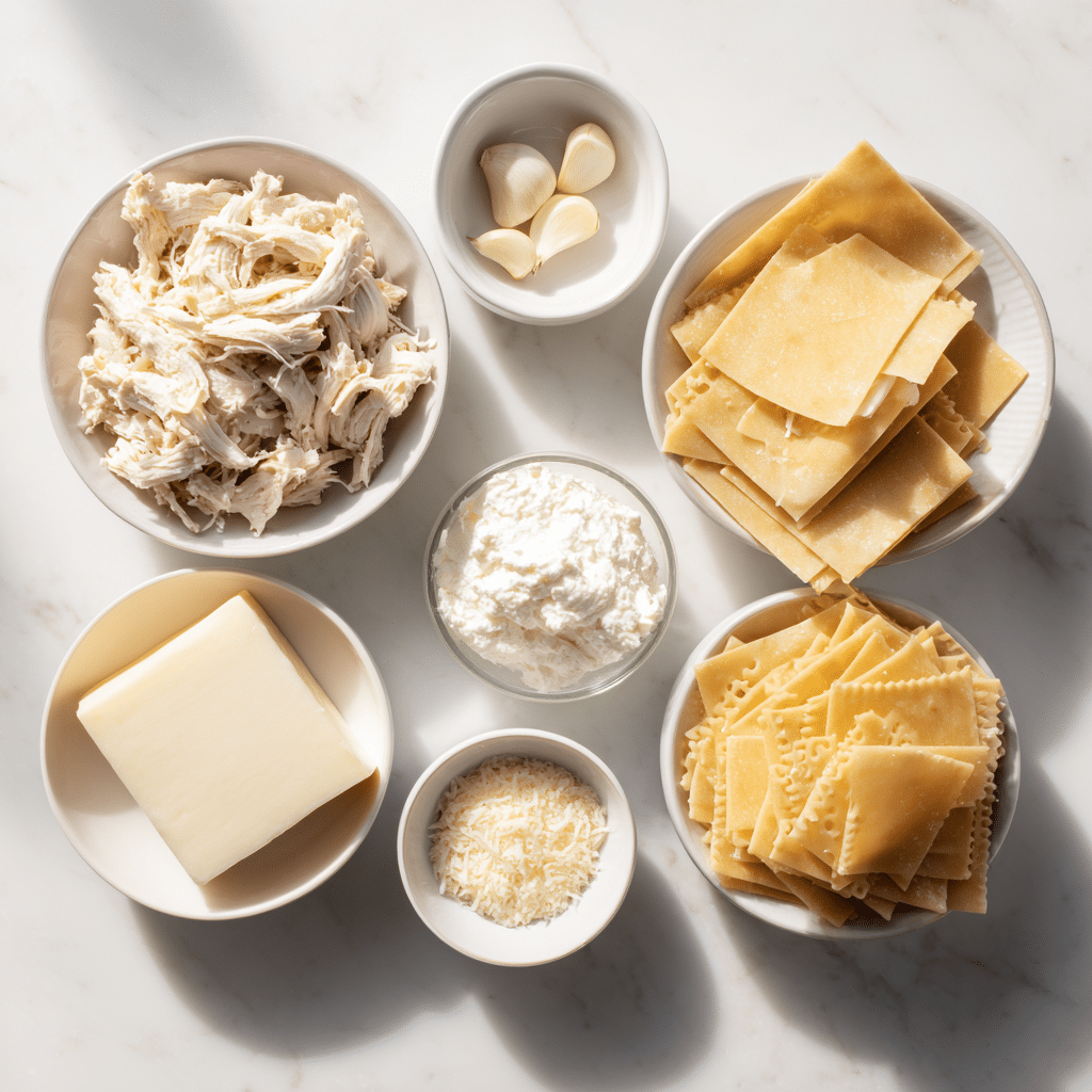 Gluten Free Garlic Chicken Lasagna ingredients on countertop
