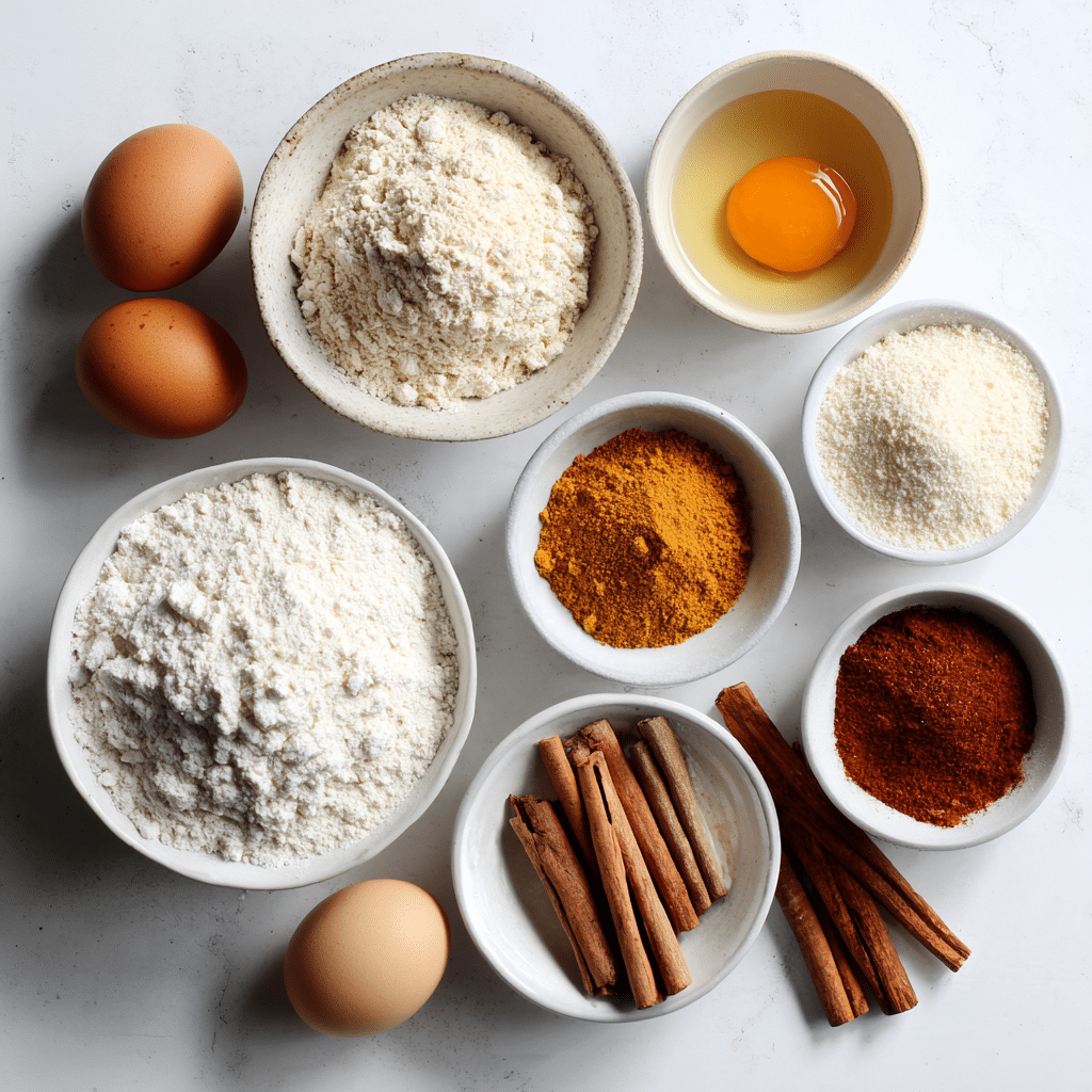 Gluten-free pumpkin cupcake ingredients laid out on white surface