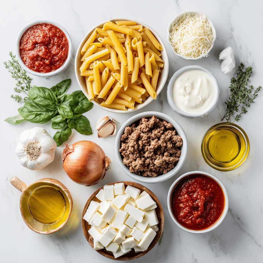 Ingredients for gluten free baked ziti on a white surface
