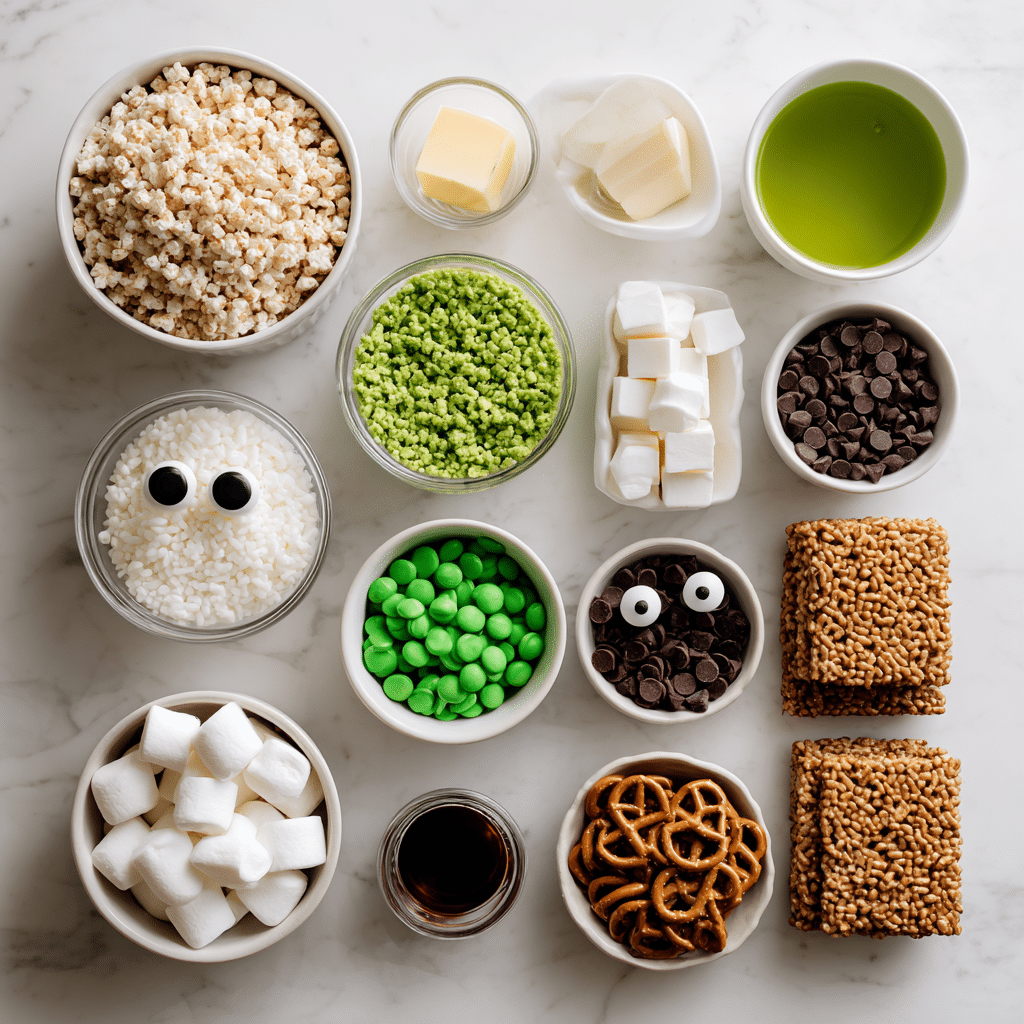 Ingredients for Frankenstein Rice Krispie Treats on a white countertop