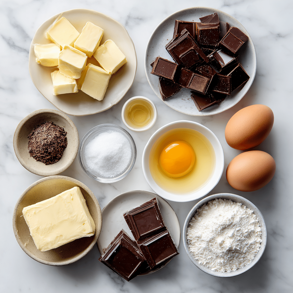 Ingredients for flourless gluten free chocolate lava cake laid out