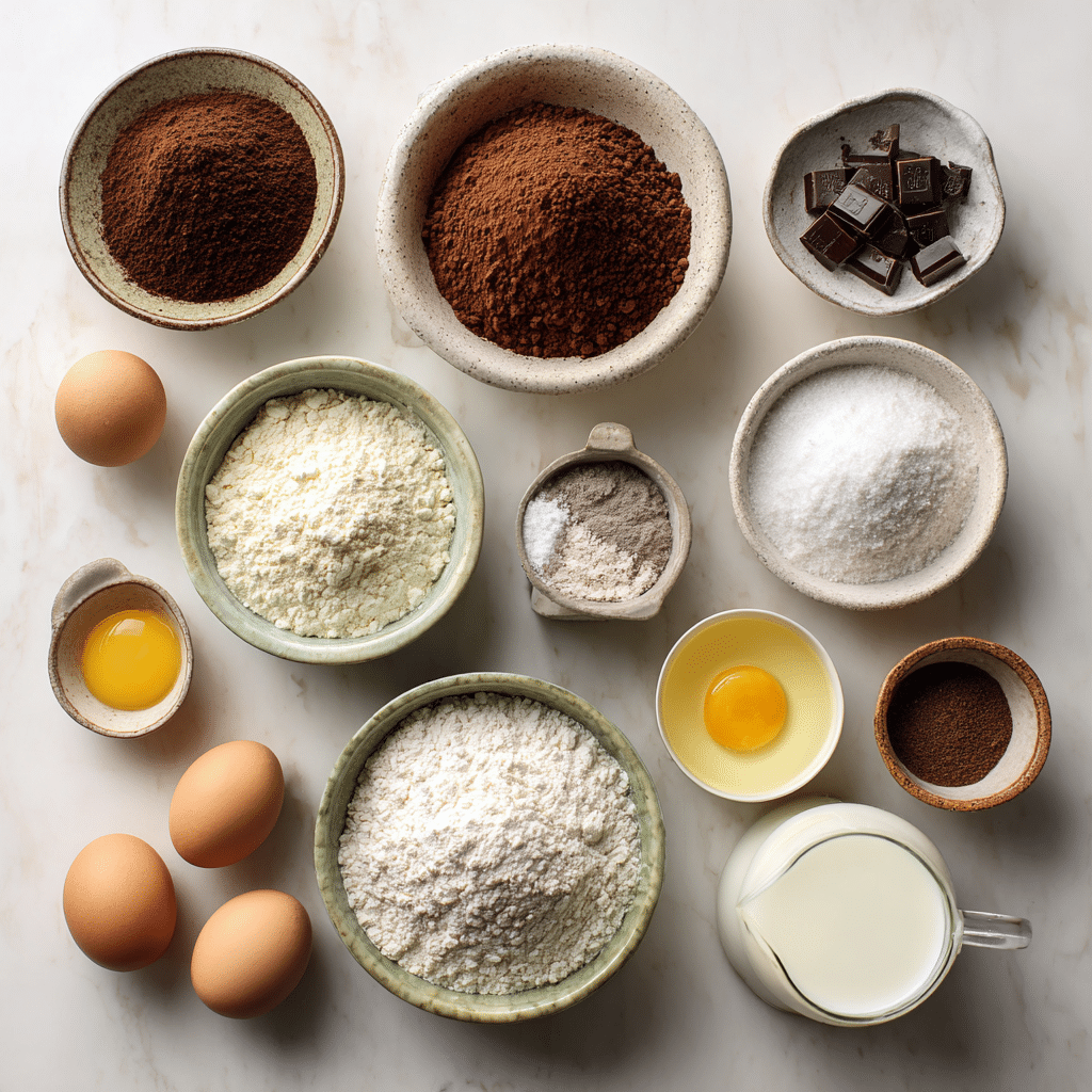 Ingredients for Black Cat Chocolate Cake laid out on a bright surface