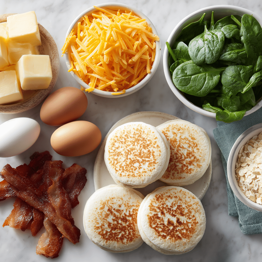 Ingredients for gluten free egg and cheese breakfast sandwiches