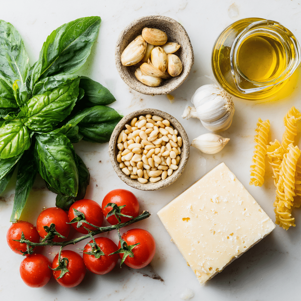Ingredients for easy gluten-free pesto pasta with cherry tomatoes