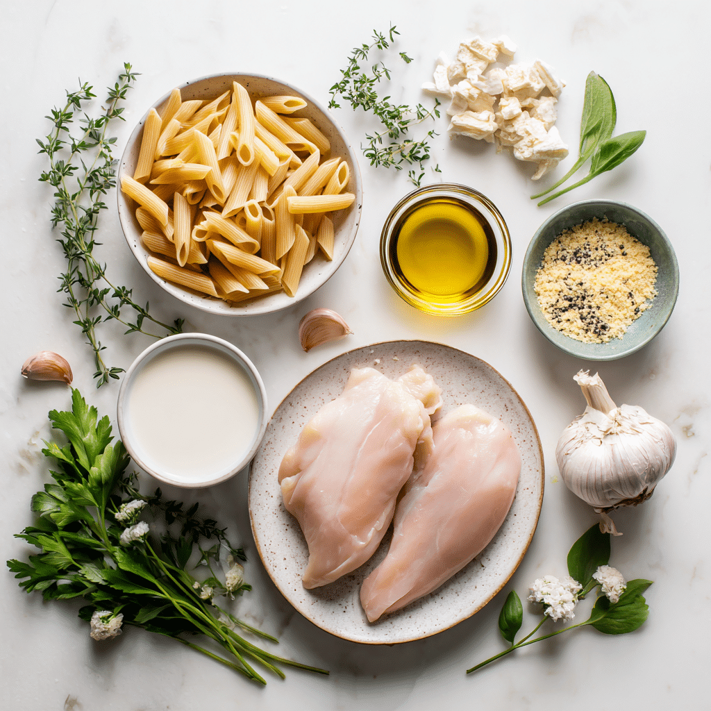 Ingredients for One Pan Gluten Free Dairy Free Chicken Alfredo