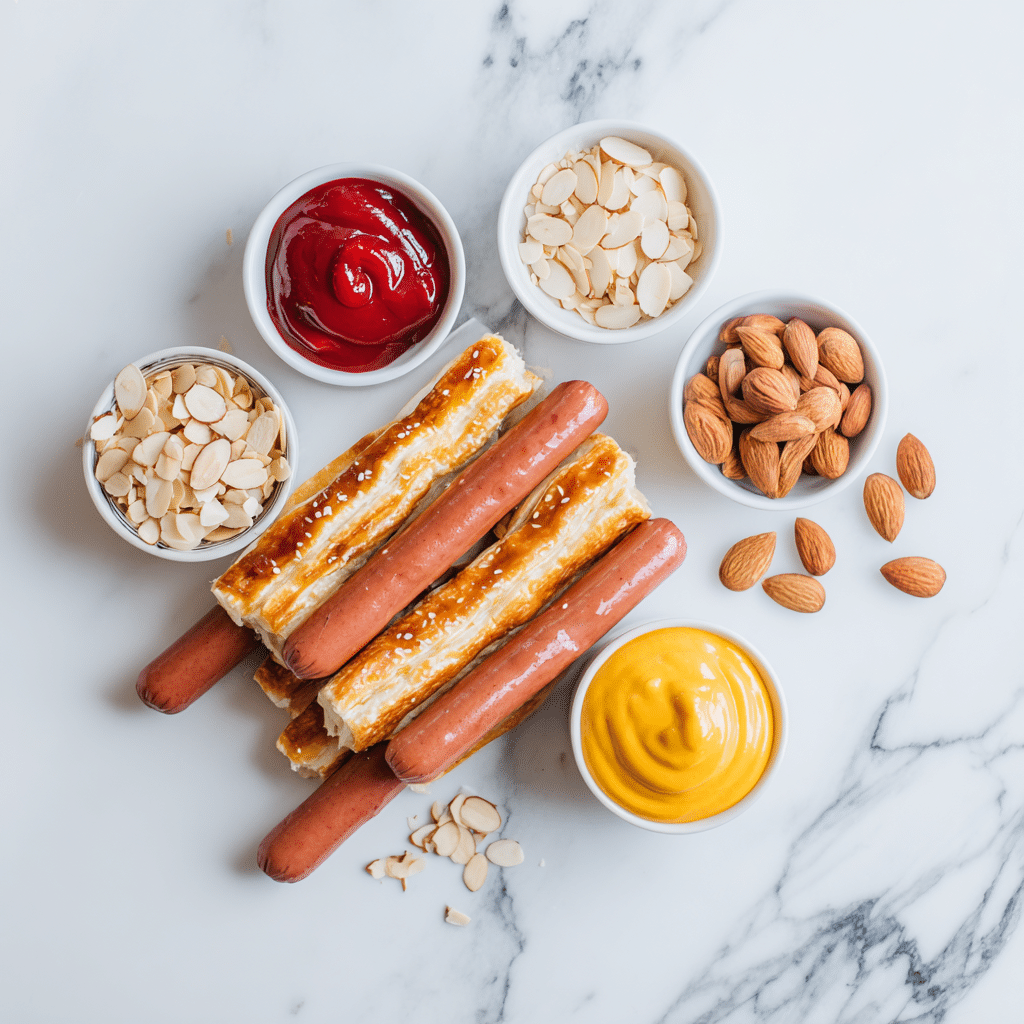 Ingredients for Zombie Finger Hot Dogs on marble surface