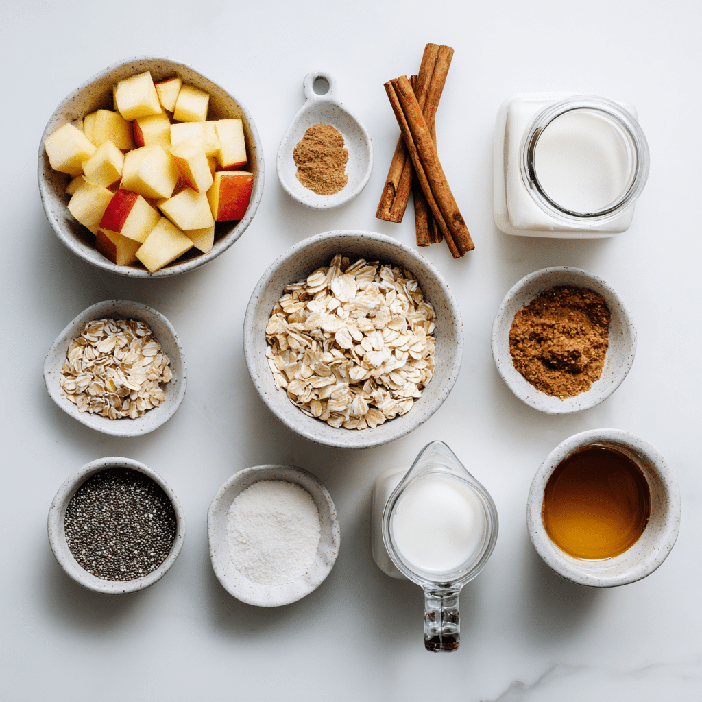 Ingredients for gluten free apple cinnamon overnight oats laid out in bowls