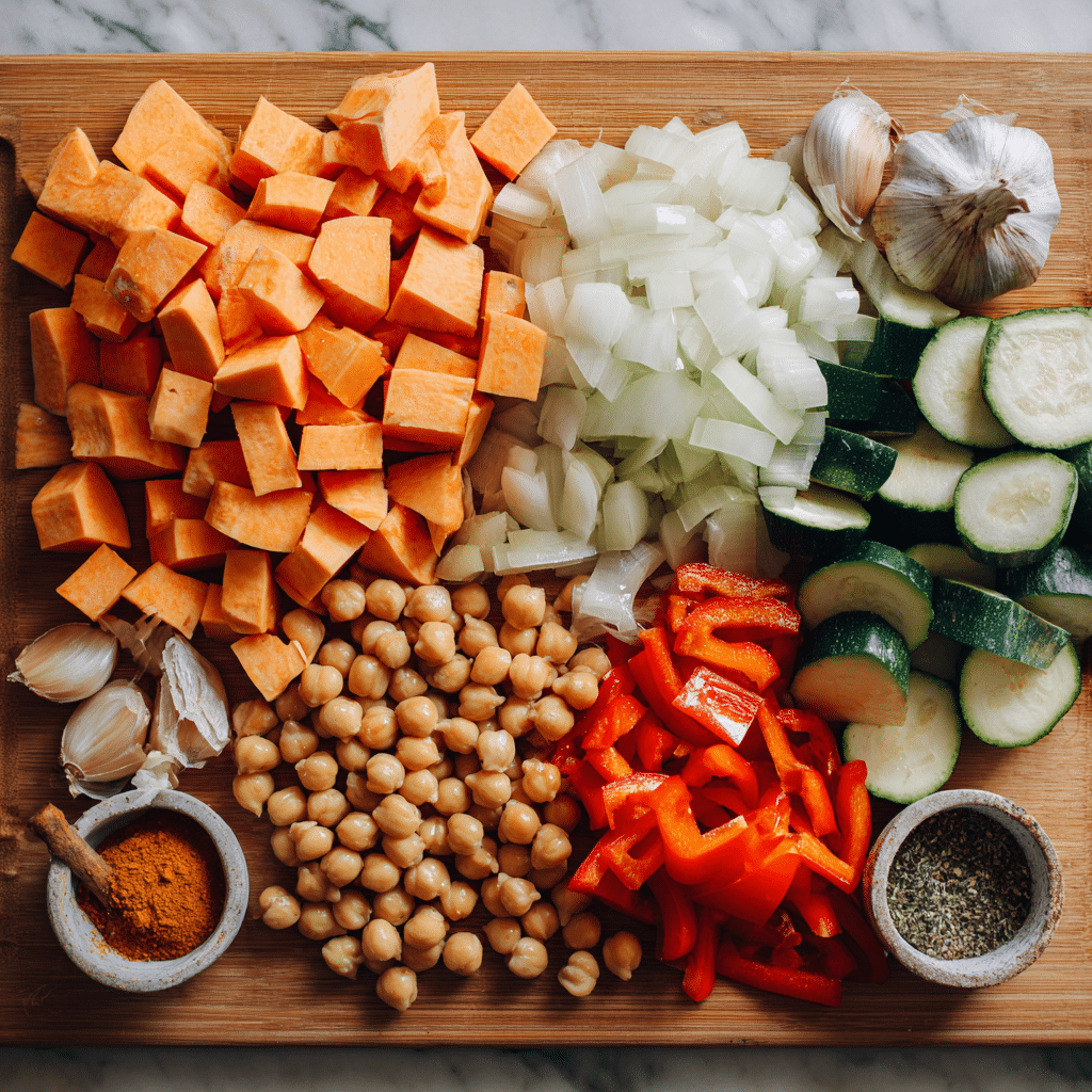 Ingredients for Witch’s Brew Stew on cutting board