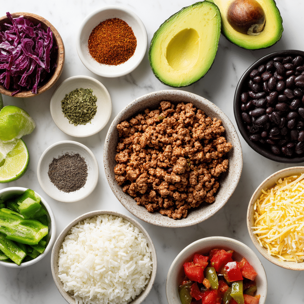 ingredients for gluten-free taco bowls with ground turkey