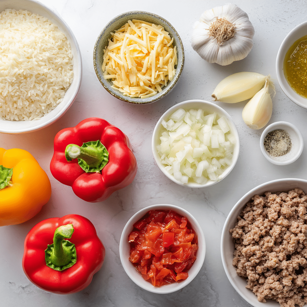 Ingredients for gluten free stuffed bell peppers with rice