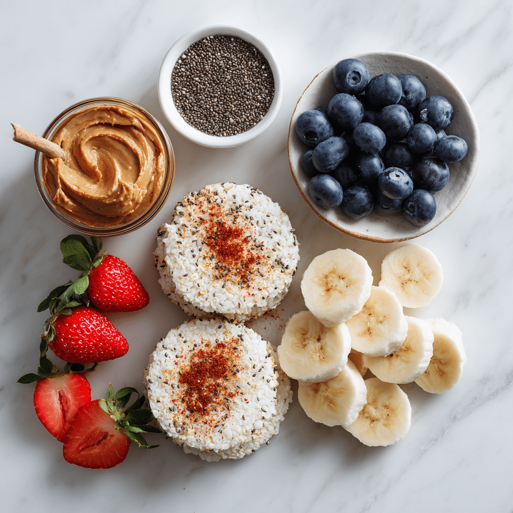 Ingredients for Rice Cake Breakfast with Nut Butter and Fruit